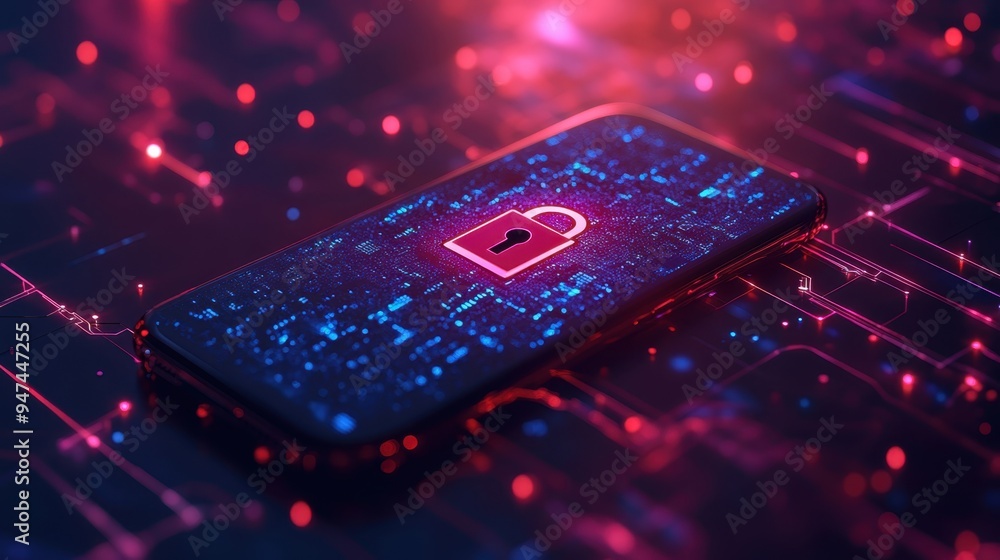 Poster secure technology concept - smartphone with digital open lock icon symbolizing cyber awareness
