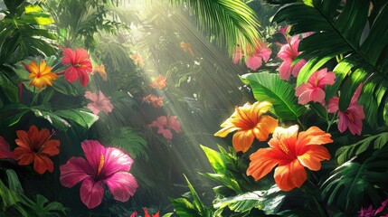 A tropical garden scene with vivid flowers, large leafy plants, and sunlight creating dappled patterns.