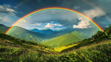 Fototapeta premium A vibrant double rainbow arching over a lush green valley, appearing after a refreshing summer rain.