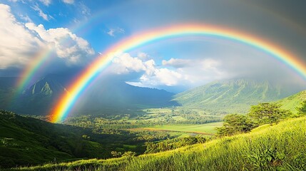 A vibrant double rainbow arching over a lush green valley, appearing after a refreshing summer rain.