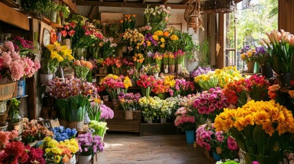 Fototapeta premium A vibrant flower shop with colorful arrangements on display.