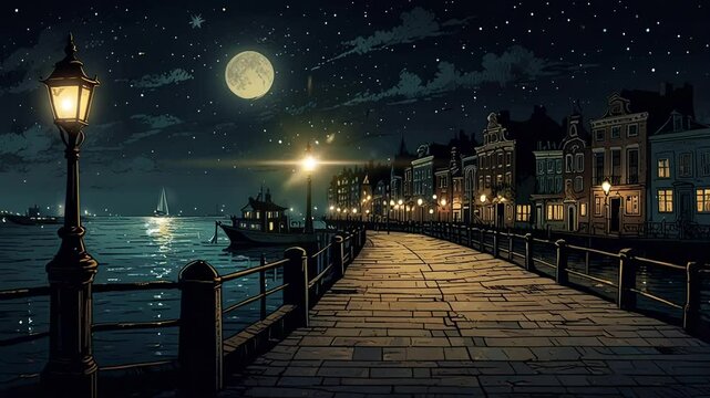 night view of the city By the lake smooth looping video and 4K animation 