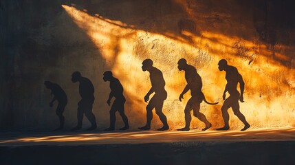 A series of silhouettes depicting the stages of human evolution is shown against a textured, warm-colored background wall. The progression follows the well-known sequence from an ape-like figure, grad
