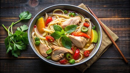 Braised chicken noodle soup with a Thai twist , Thai cuisine, comfort food, warm soup, savory broth, homemade