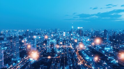 Futuristic Cityscape with Network Connections at Night