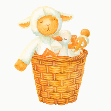 recommend clip art: Large wicker basket with plush and wooden toys. Element of nursery interior. Isolated watercolor composition of Sleeping lamb and duckling or gosling in pannier for kids decoration, prints and designs