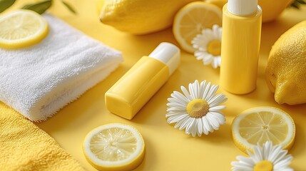 16. A vibrant arrangement of bright yellow hand cream and matching bath accessories, styled with slices of lemon and a yellow daisy
