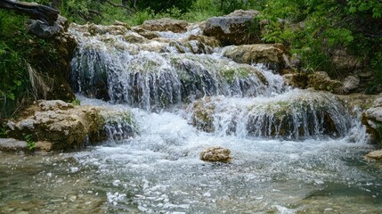 Cascading Water Over Rocks in a Lush Green Forest