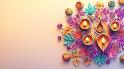Diwali rangoli, surrounded by traditional ornaments and diya lights, 3D illustration