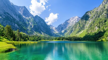Mountain Lake with Crystal Clear Water and Lush Green Slopes