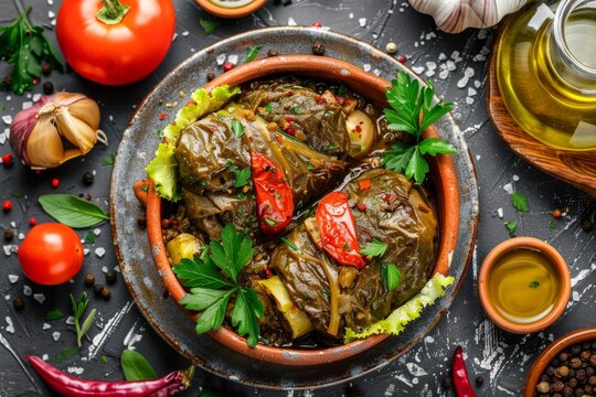 Dolma Set, Buglama with Lamb Shin, Vegetables, Fragrant Herbs. Sarma, Dolmades, Dolmadakia