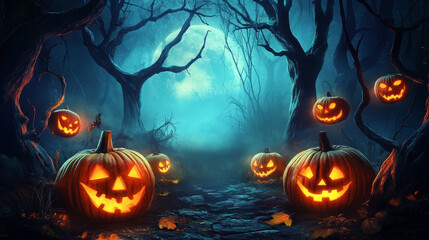 Obraz premium Halloween invitation with spooky trees and glowing jack-o-lanterns.