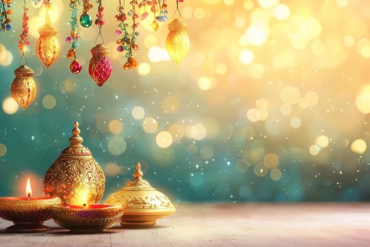 Diwali festival setup, traditional Indian lamps with ornate ornaments, 3D illustration