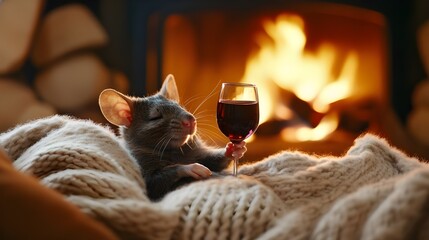 Funny mouse laying on the couch with glass of red wine, enjoying relaxing in luxury living room wood cabin, candlelight, fire place, Christmas decoration background. Funny pet animal portrait cartoon.