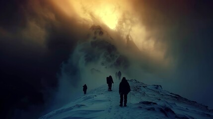 Fototapeta premium Fearless explorers triumph over icy peak at sunrise, showcasing the spirit of adventure
