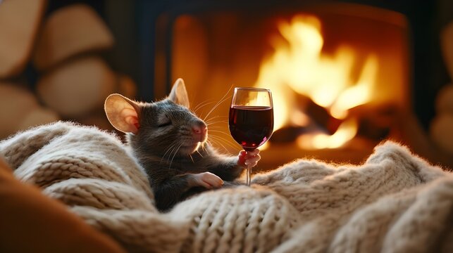Funny mouse laying on the couch with glass of red wine, enjoying relaxing in luxury living room wood cabin, candlelight, fire place, Christmas decoration background. Funny pet animal portrait cartoon.
