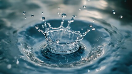 Close-up of a droplet creating a splash, frozen at the peak of its motion.