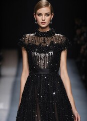 Exquisite Modern Elegance: Black and Silver Couture Dress for Paris Runway