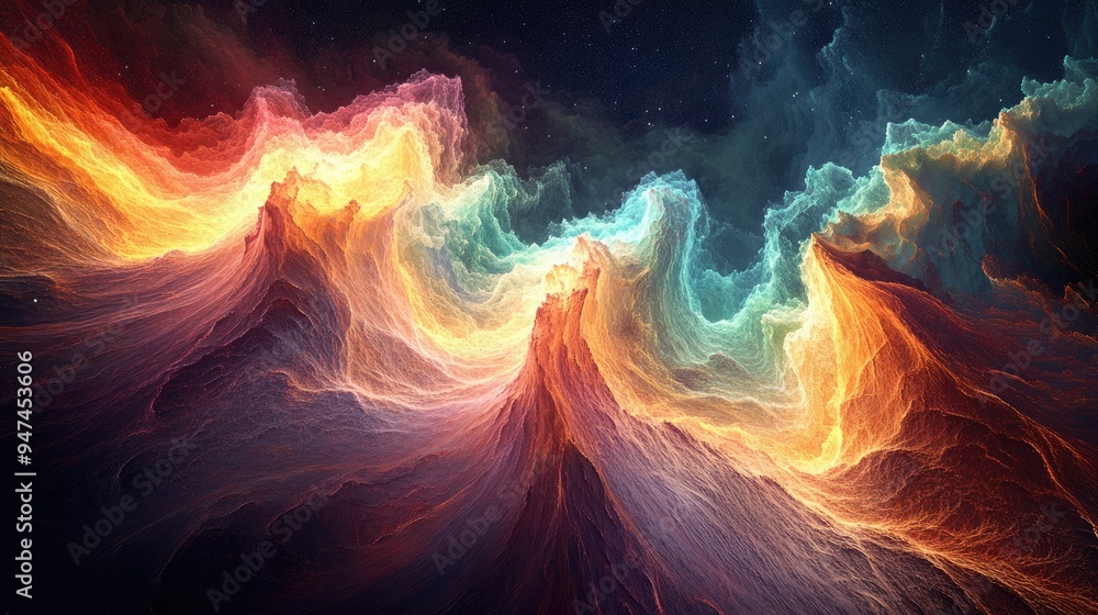 Poster dynamic and colorful waves of light and texture, forming a mesmerizing digital art piece.