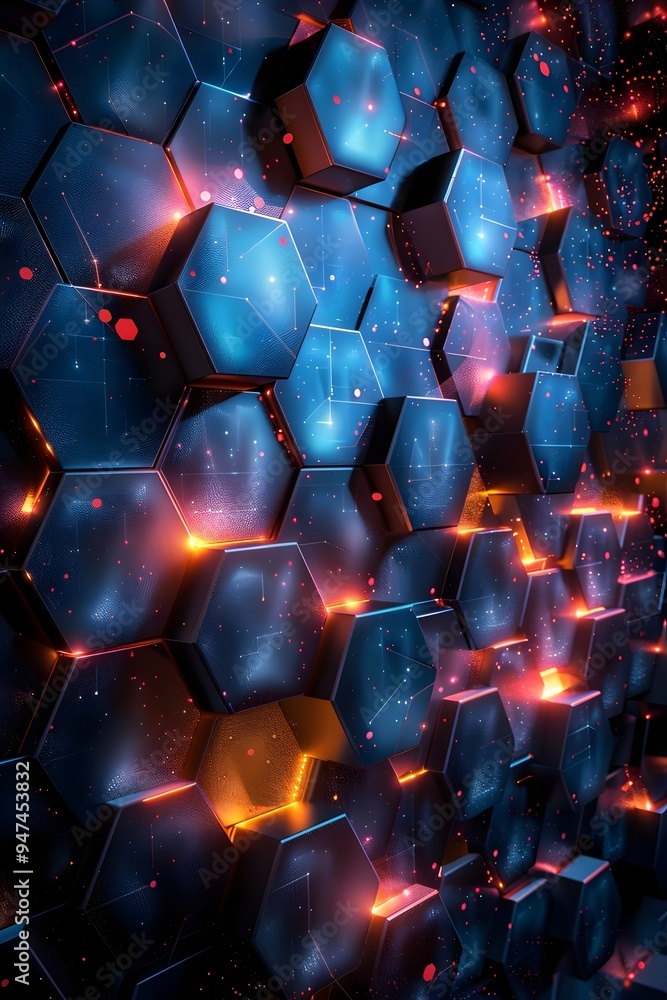 Poster abstract hexagonal pattern with glowing lights in blue, orange, and red.