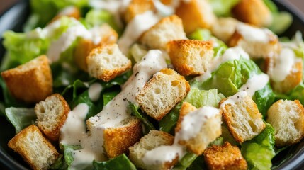 Fresh Caesar salad with crunchy croutons and a rich, creamy dressing, ready to enjoy.
