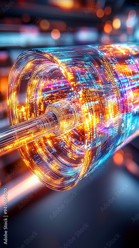 Poster abstract digital data flowing through a futuristic, glowing tube, creating a vibrant and dynamic ima