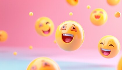 A playful arrangement of 3D emojis with varied emotions, floating in mid-air with a pastel background that includes space for text.