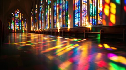 Obraz premium Light streaming through stained glass windows, casting colorful patterns in a church.