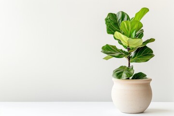 Fiddle Leaf Fig (Ficus Lyrata) in Flowerpot Closeup, Fiddle Leaf Fig Ficus Macro House Plant in Flowerpot