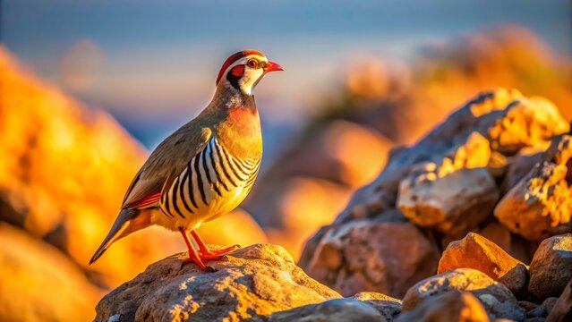 A vibrant chukar partridge perches on rocky outcropping, its fiery plumage glowing against parched desert backdrop, as if about to take flight, its texture and movement alive with freedom.