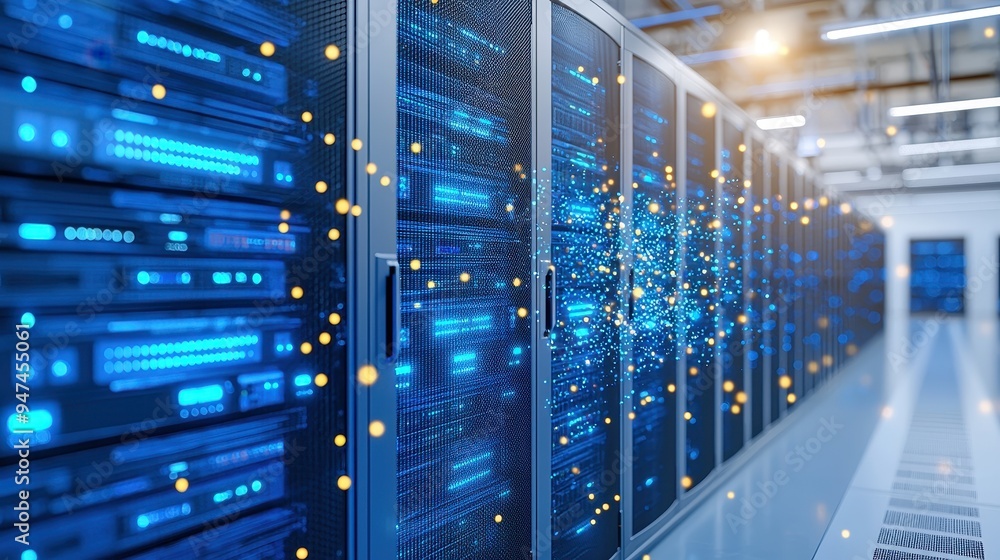 Aufkleber data center server racks with blue lights and data flow