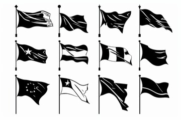 Flag icon, flagpole symbol, waving banner sign, black flat wavy flag silhouette isolated on white