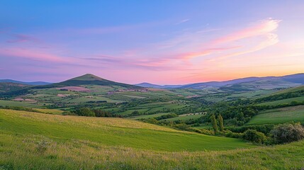 Sunset over rolling hills and farmlands in a picturesque rural landscape