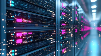 Fototapeta premium Data Center Server Racks with Glowing Lights and Network Connections