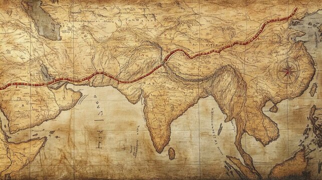 An antique map displays the historical Silk Road, marked by a red route stretching across Europe and Asia. This vintage map showcases geographical features such as mountains, rivers, and plains, with 