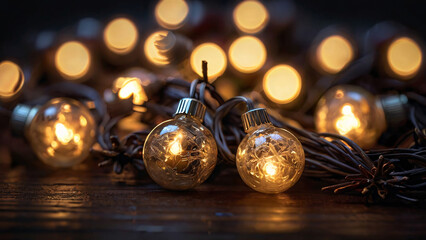 Close-up of glowing Christmas string lights with a warm, festive bokeh background