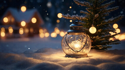 A glowing lantern in snow next to a small Christmas tree, with a cozy house in the background