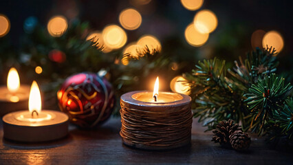 Lit candles with Christmas decorations on a wooden surface, creating a warm, festive atmosphere.
