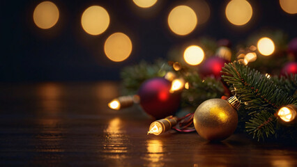 Christmas ornaments and lights on a wooden table with a bokeh background.