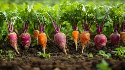 Vibrant root vegetables thriving in a fertile field, with leafy greens visible.
