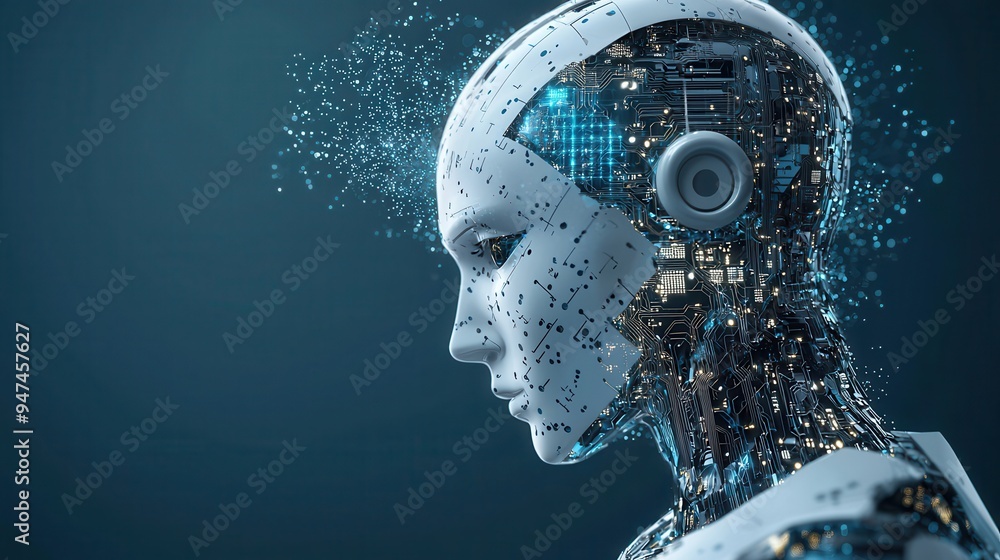 Poster futuristic cyborg head with circuitry and data flow