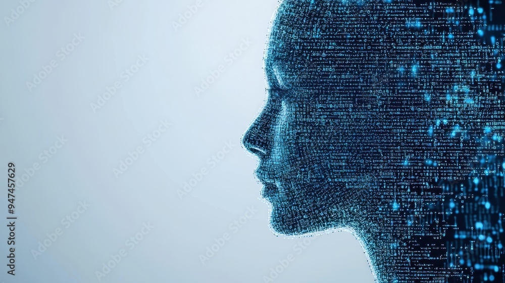 Poster digital human profile made of code abstract technology background