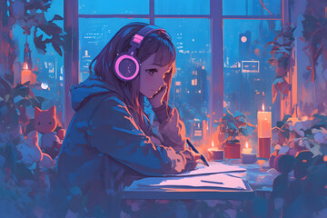 Dreamy Girl listening to music and doodling in her sketchbook, surrounded by candles, plushies, and nostalgic posters, with a view of a starry night sky through the window. Anime style, Cozy vibes