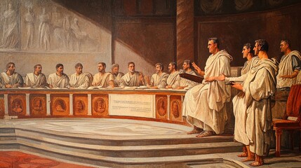 A detailed painting depicts a gathering of ancient Roman senators clad in traditional togas, assembled in a semicircular room with elevated tiers of seating. The men are engaged in what appears to be 