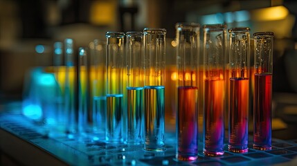 Science lab with test tubes of rainbow-colored liquids, highlighting the beauty of scientific experimentation.