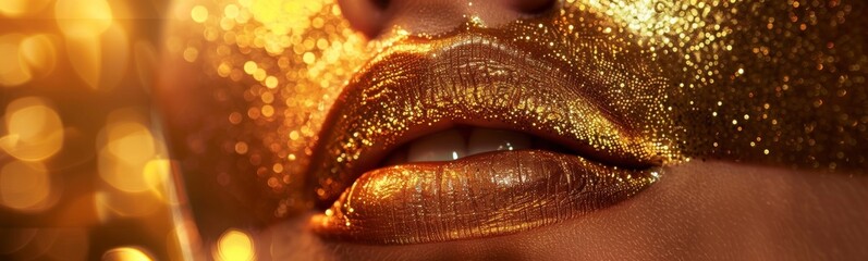 Golden Lips, Face Portrait, Shining Bronze Woman Face on Black Background, Glamour Shiny Makeup on Model