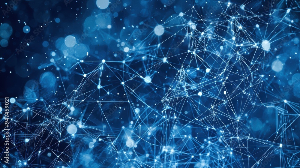 Poster abstract blue network background with glowing lines and bokeh