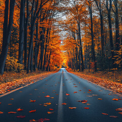 Obraz premium Pathway lined with vibrant autumn trees in bright colors