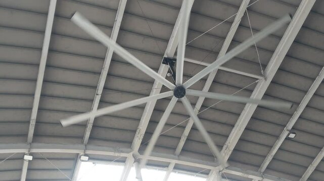 Large ceiling fan blades spinning overhead, viewed from directly below, creating a dynamic radial motion effect