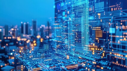Obraz premium Futuristic Cityscape with Circuit Board and Data Flow